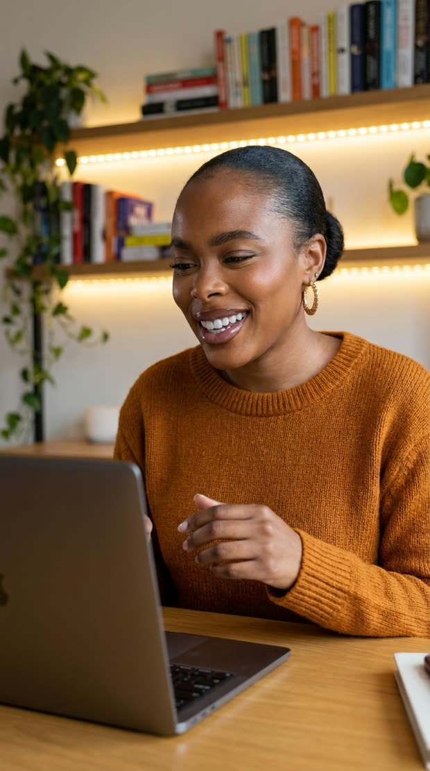 The presenter at a home-office desk answering a client question