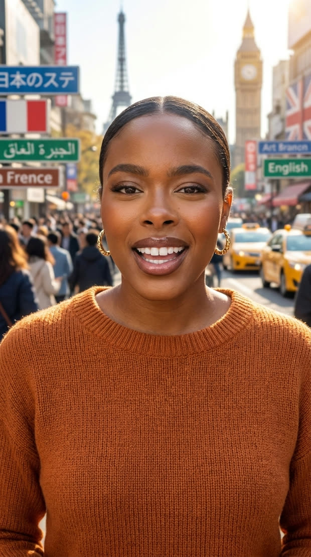 The presenter on an international city street