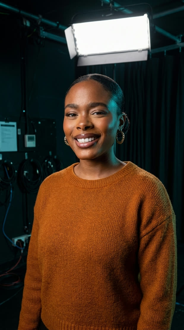 The presenter on a broadcast studio set