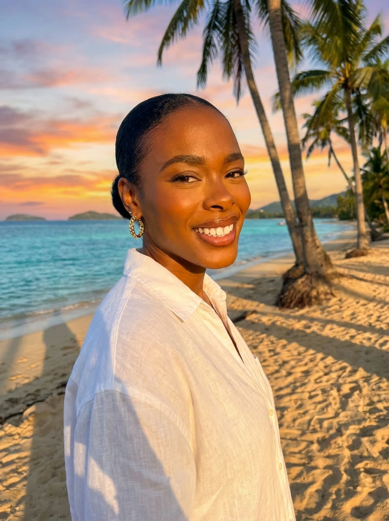 The same person in linen on a sunset beach