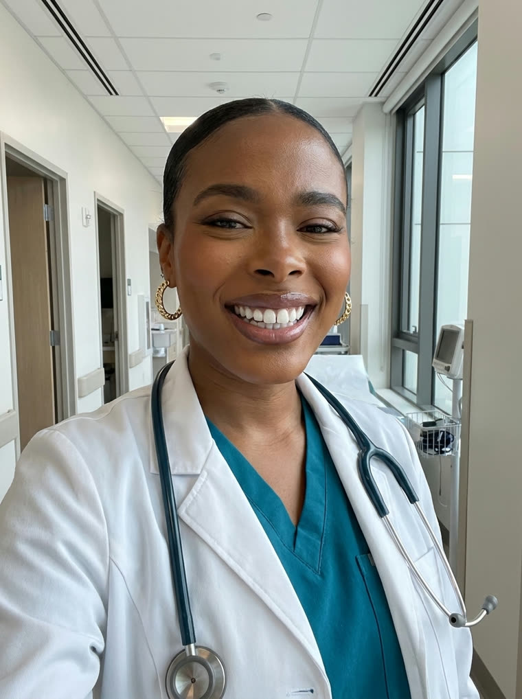 The same person in scrubs and a white coat in a clinic