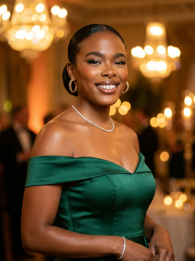 The same person in an evening gown at a gala