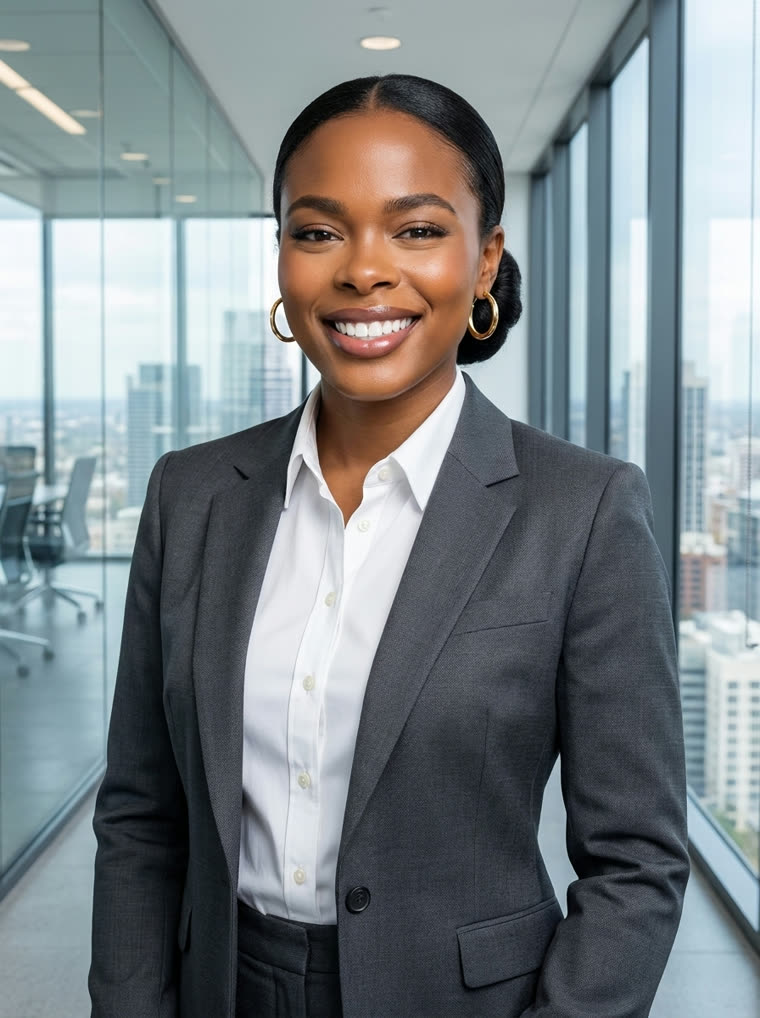The same person in a tailored suit in a corporate office