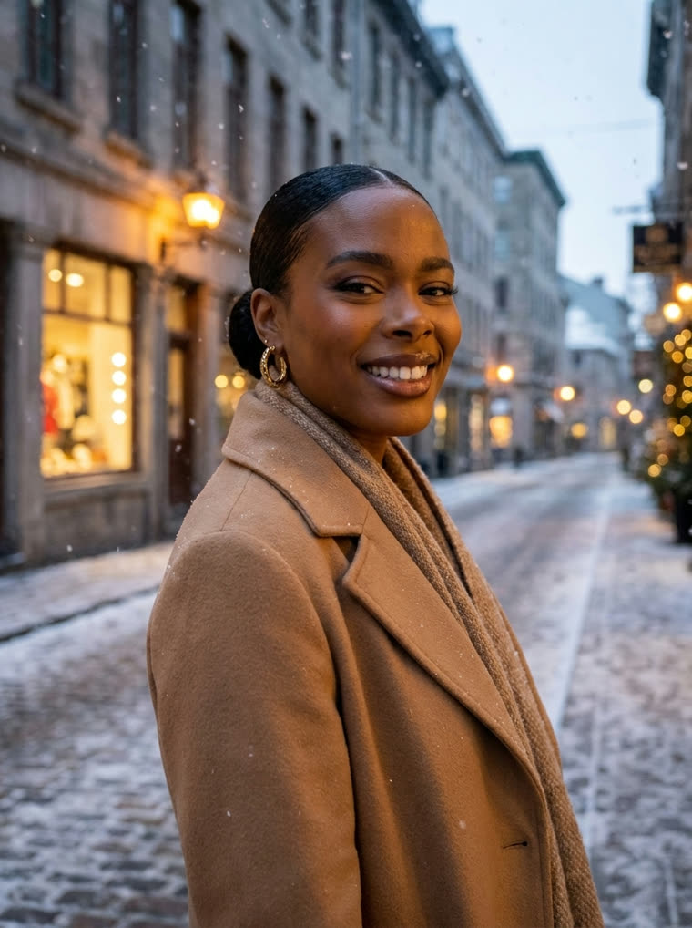 The same person in a winter coat on a snowy street