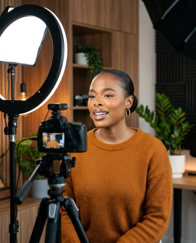 The same presenter, AI-placed in a content studio speaking to camera